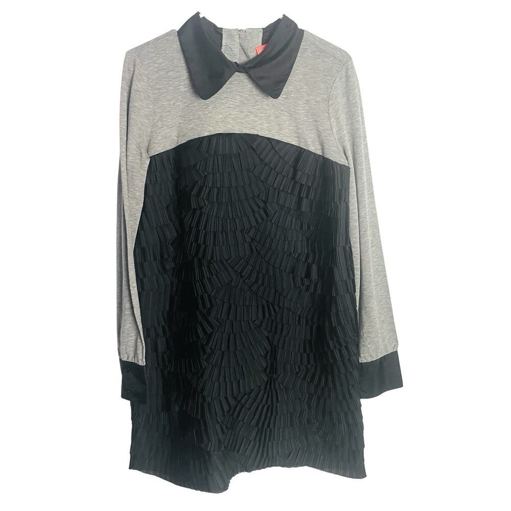 Manoush Layered Ruffle Dress Womens L‎ Black Gray Two-Tone Long Sleeve Quilted